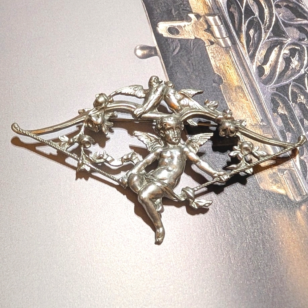 Vintage Large Cherub And Birds Brooch
